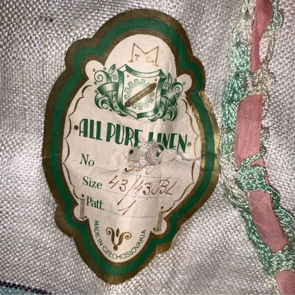 NWT Antique Linen Crochet Tablecloth White Green  T.C All Pure Czech Collectible